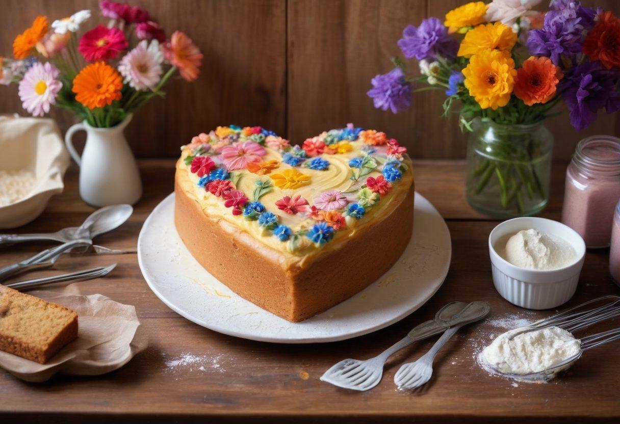 A heart-shaped cake in the center, beautifully decorated with a swirl of colorful frosting and edible flowers. Surrounding the cake are baking utensils like whisks and measuring cups, interspersed with tendrils of flour and sugar. Soft, warm natural lighting creates an inviting atmosphere, evoking a sense of love and creativity in baking. Background features a cozy kitchen with wooden shelves filled with baking supplies. vibrant colors. warm light. realistic.