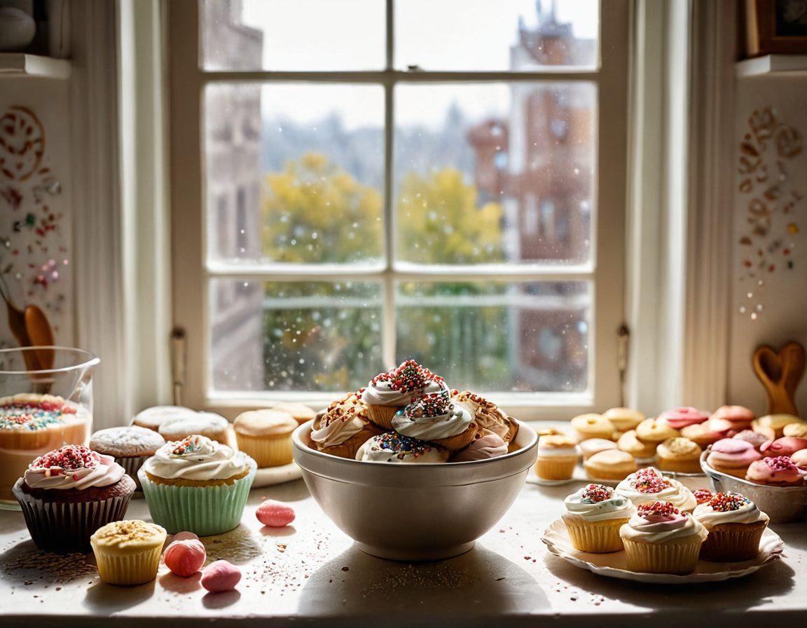 A cozy kitchen scene featuring a baker whisking batter in a vintage bowl, surrounded by flour dust, colorful sprinkles, and an array of mouthwatering desserts like cupcakes and pastries. Soft sunlight streaming through a window, enhancing the warm, inviting atmosphere. Heart-shaped cookie cutters and rose petals scattered about, symbolizing love in baking. watercolors. soft pastel colors. natural light.